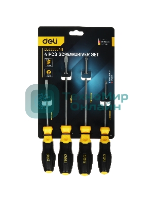 Набор отверток Deli DL630004N 4шт SL5x100 + SL6x150 + PH1x100 + PH2x150 сталь Cr-V, двухкомпонентная прорезиненная рукоять