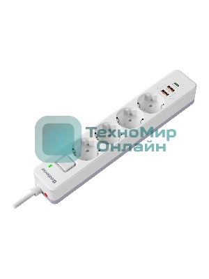 Удлинитель с сетевым фильтром Defender DFS 141, белый, 4розетки, USB+TypeC, 1.5 м.