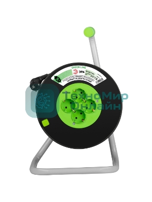 Удлинитель силовой ЭРА GREEN LINE KAT-3x1.5-30m Greenline на катушке пластик 4 розетки с заземлением 30м ПВС 3x1.5мм2