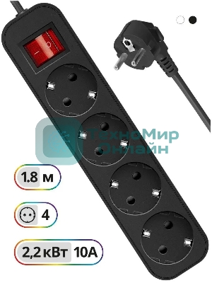 Удлинитель Defender G418 черный, 1.8 м, EURO, 4 розетки, 2200 Вт