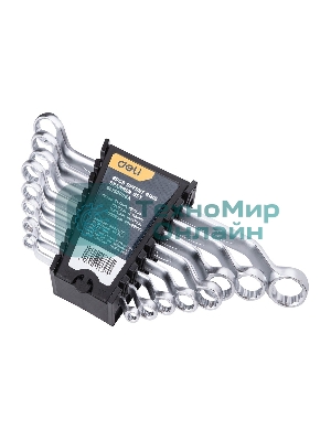 Набор накидных изогнутых гаечных ключей 8 шт Deli DL150008A Спецификация: 6x7мм, 8x9мм, 10x11мм, 12x13мм, 14x15мм, 16x17мм, 18x19мм, 20x22мм. Матовая хромированная поверхность. Пластиковая упаковка.