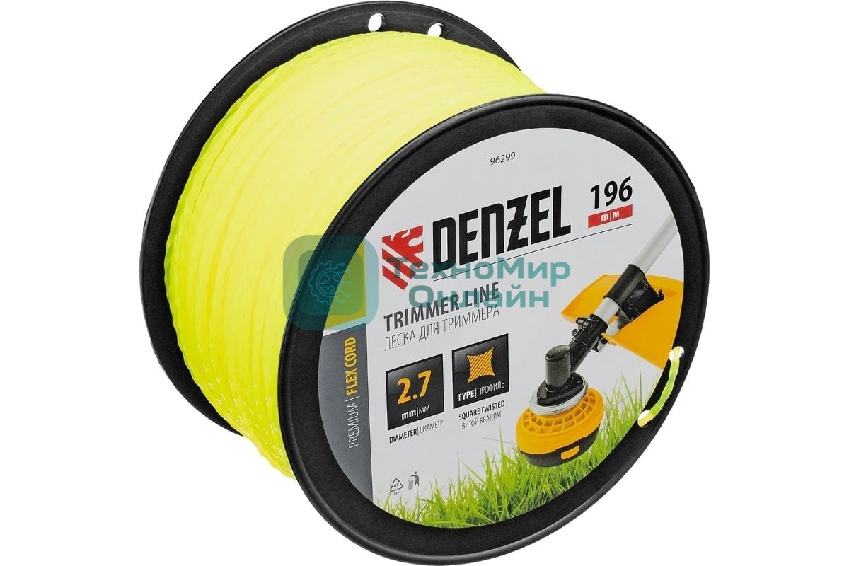 Леска для триммера Denzel витой квадрат, 2,7мм х 196м, на DIN катушке FLEX CORD
