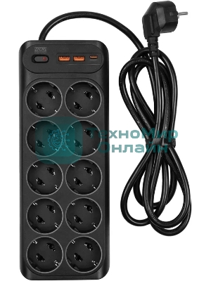 Сетевой фильтр Powercom SP-10 USB2A1СB 1.8 м 1.8м (10 розеток) черный, коробка