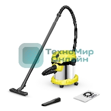 Строительный пылесос Karcher WD 2 Plus S V-15/4/18 желтый, 1000 Вт, уборка сухая/сбор воды, пылесборник мешок/контейнер, 15 л