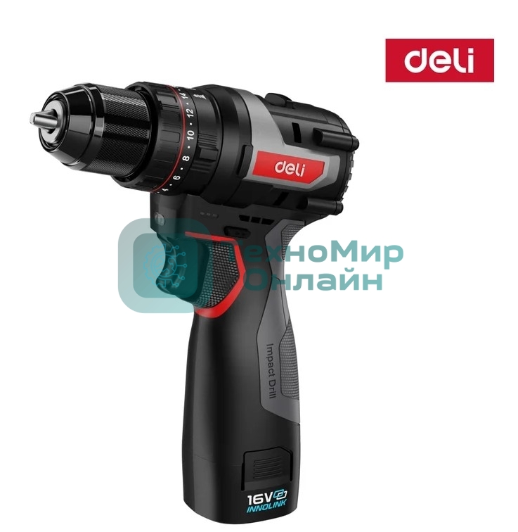 Дрель-шуруповерт Deli DE-CZ16-1D2, 16 В, 2 Ач, 45 Нм, бесщеточный, ударный