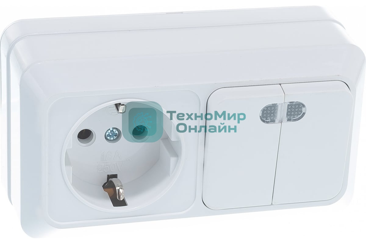 Блок ОП Олимп 2-кл. вык. с подсветкой + роз. с заземл. горизонт. бел. UNIVersal О0037