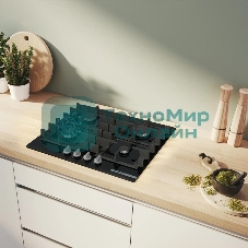 Поверхность газовая Bosch PNP6B6K40 Газ, 4.5х59x52 см, закаленное стекло, 4 конфорки, газ-контроль, автоподжиг, черный