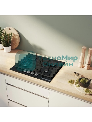 Поверхность газовая Bosch PNP6B6K40 Газ, 4.5х59x52 см, закаленное стекло, 4 конфорки, газ-контроль, автоподжиг, черный