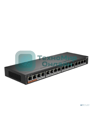 Коммутатор гигабитный 16-портовый неуправляемый Dahua DH-SG1016Pc PoE, 16xRJ45 1Gb PoE, суммарно 190Вт, коммутация 32 Гбит/с, MAC-таблица 8К, металл