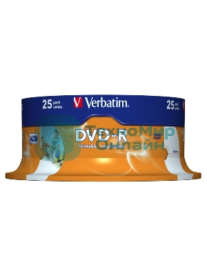 Диск DVD-R Verbatim 4.7Gb 16x Cake Box (25шт) Printable (43538)