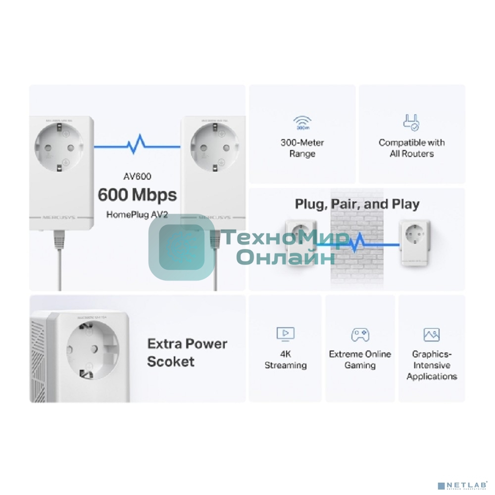 Комплект адаптеров Powerline с розеткой Mercusys MP300P KIT