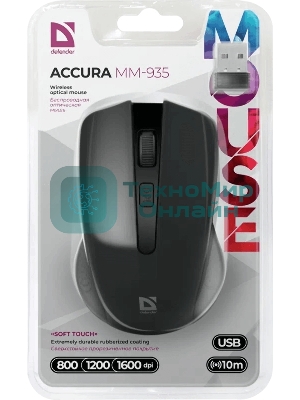 Мышь беспроводная Defender Accura MM-935 черный, 1600 dpi, радиоканал, USB, кнопки - 4
