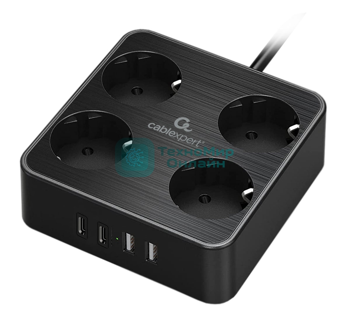 Сетевой фильтр Cablexpert Plate, PLT-4-C2U2-B-2, 4р, 10А, 2xType-C PD, 20Вт, 2xUSB, 2.4A, 2 м, ур. защиты 4+, черный, коробка