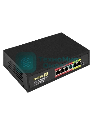 Коммутатор неуправляемый ExeGate EDES-1006D.4PoE-48W (6-портовый UTP 10/100 Base-Tx: 4 порта 802.3af (PoE), мощность PoE: 25W, суммарно 48W, 2 порта RJ45 uplink, настенный/настольный, металлический корпус)