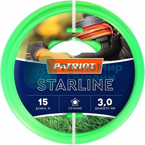Леска для триммеров PATRIOT Starline D 3,0мм L 15мзвезда, зеленая 300-15-3Арт. 805201066