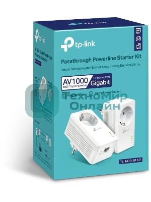 Сетевой адаптер TP-Link AV1000 Gigabit Passthrough Powerline Starter KitSPEED: 1000 Mbps PowerlineSPEC: Broadcom CPU, HomePlug AV2, 1+1 Gigabit PortFEATURE: Plug and Play, tpPLC Utility, Pair for More Security, Extra Power SocketKIT: 2× TL-PA7017P