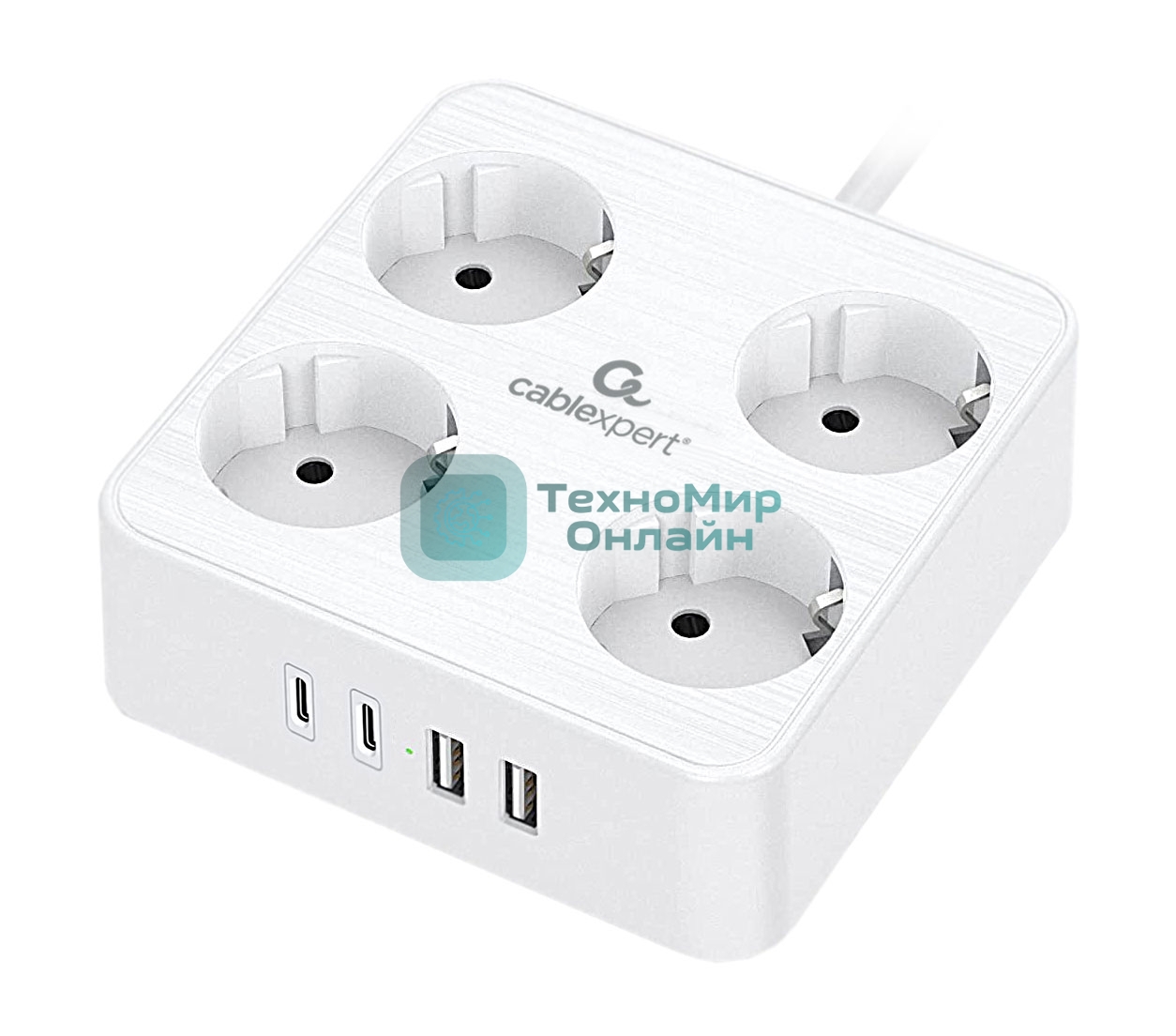 Сетевой фильтр Cablexpert Plate, PLT-4-C2U2-W-2, 4р, 10А, 2xType-C PD, 20Вт, 2xUSB, 2.4A, 2 м, ур. защиты 4+, белый, коробка