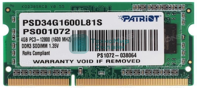 Оперативная память Patriot, DDR3L, 4GB (1x4 GB), 1600 MHz, CL11, SO-DIMM