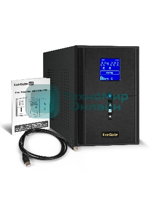 Источник бесперебойного питания (инвертор, синус, для котла) ExeGate SineTower SN-2000.LCD.AVR.3SH.1C13.RJ.USB 2000VA/1600W, чистая синусоида, LCD дисплей, AVR, 3*Schuko+1*C13, RJ45/11, USB, линейно-интерактивный, черный