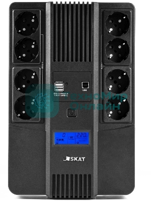 Источник бесперебойного питания Бастион SKAT-UPS 800-AID-IN-1x9-8 ИБП 220В 480Вт, LCD, АКБ 1x 9А·ч, line interactive, мод.синус, 8хSchuko,2xUS (8933)