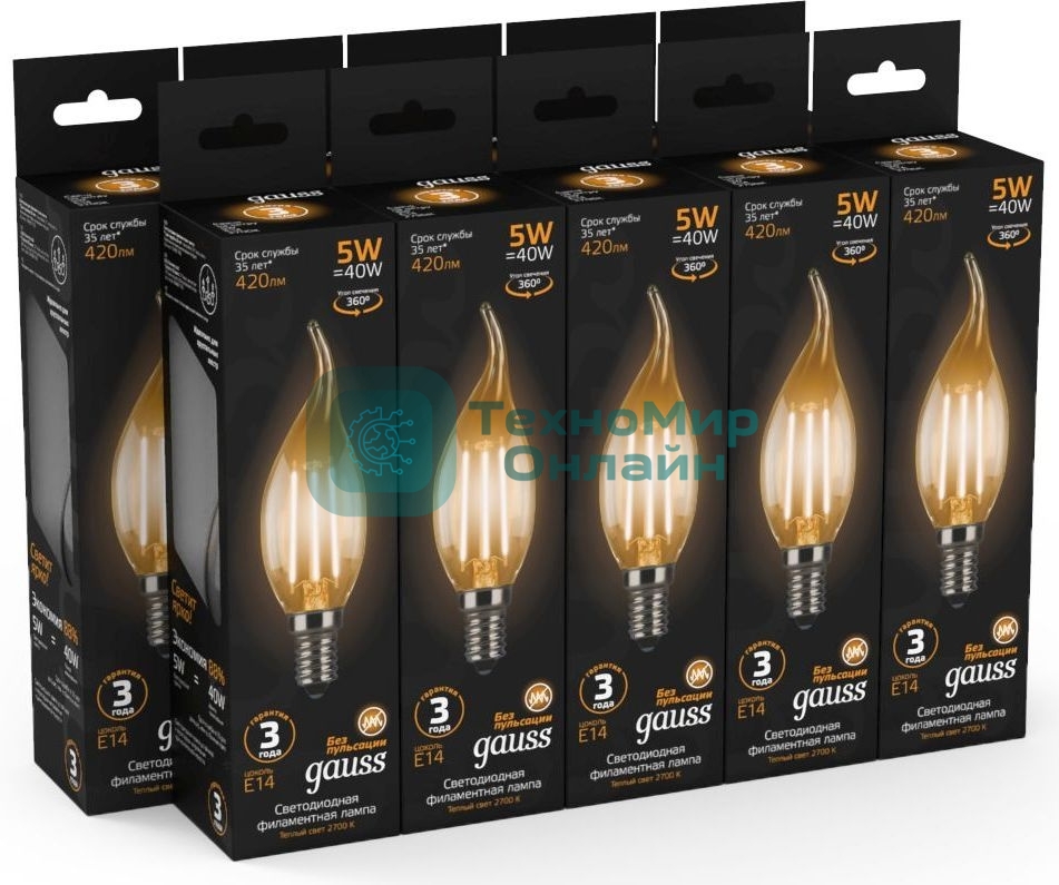 Лампа светодиодная филаментная Gauss Filament 5Вт цок.: E14 свеча 220B 2700K св. свеч. белый теп. (упак.: 10 шт)