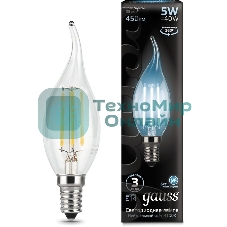 Лампа светодиодная филаментная Gauss Filament 5Вт цок.:E14 свеча 220B 4100K св.свеч.бел.ней. (упак.:10шт)
