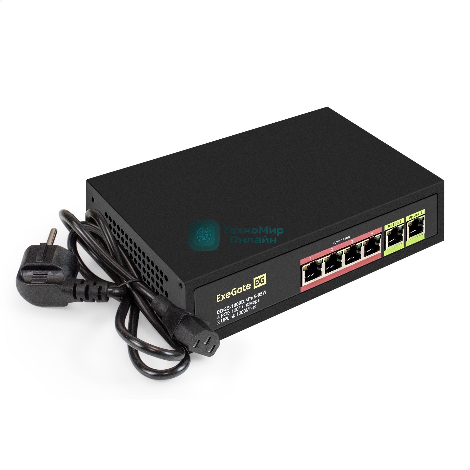 Коммутатор неуправляемый ExeGate EDGS-1006D.4PoE-65W (6-портовый гигабитный UTP 10/100/1000 Base-T: 4 порта IEEE 802.3af (PoE), мощность PoE: 15,4W, суммарно 65W, 2 порта RJ45 uplink, настенный/настольный, металлический корпус)