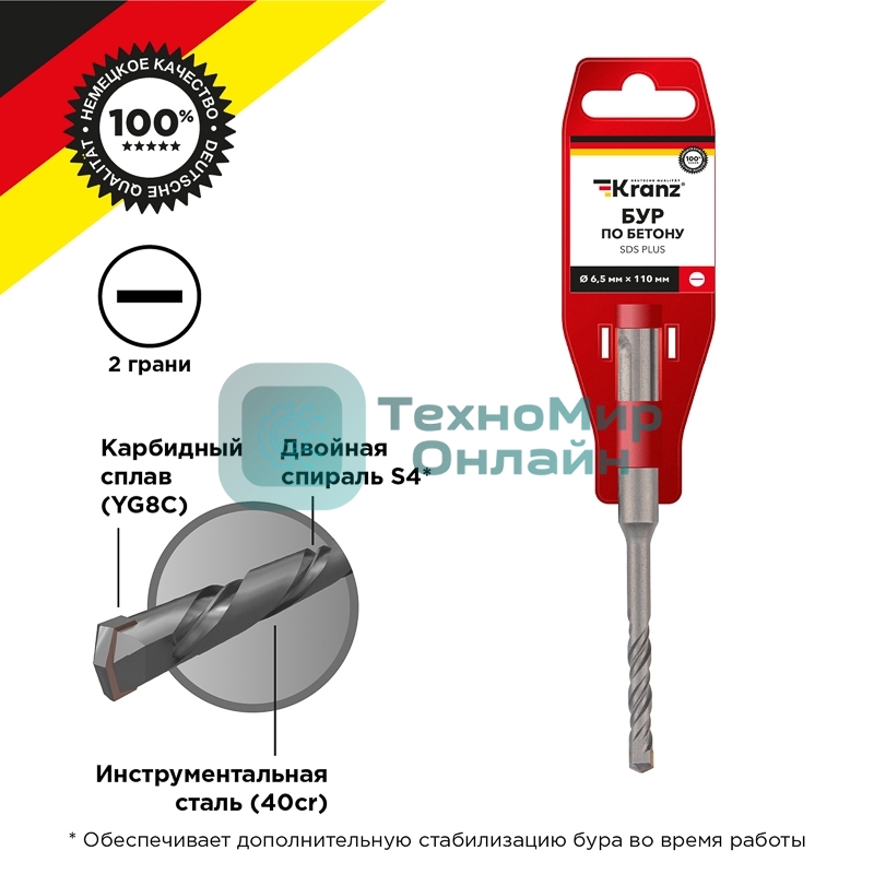 Бур по бетону Kranz 6,5x110x50 мм SDS PLUS