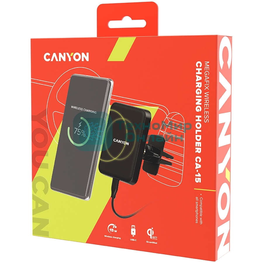 Универсальный магнитный автомобильный держатель с беспроводной зарядкой Car holder and wireless charger MegaFix, C-15, 15W, Input: USB-C: 5V/2A, 9V/3A; Output: 5W, 7.5W, 10W, 15W;89*65*12mm,0.195kg,black