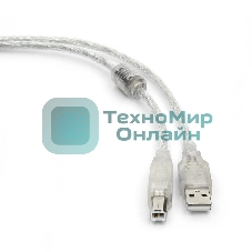 Кабель USB2.0 Pro Cablexpert CCF-USB2-AMBM-TR-6, AM/BM, 1,8м, экран, феррит.кольца, прозрачный, пакет