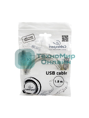 Кабель USB2.0 Pro Cablexpert CCF-USB2-AMBM-TR-6, AM/BM, 1,8м, экран, феррит.кольца, прозрачный, пакет
