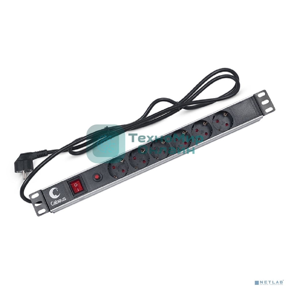 Блок силовых розеток Cabeus, Shuko х 6, вход Schuko, для шкафов, шнур 2 м, 50х490х50 мм (ВхШхГ), 16А, выключатель, фильтр защиты от напряжения, черный