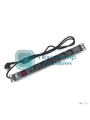 Блок силовых розеток Cabeus, Shuko х 6, вход Schuko, для шкафов, шнур 2 м, 50х490х50 мм (ВхШхГ), 16А, выключатель, фильтр защиты от напряжения, черный