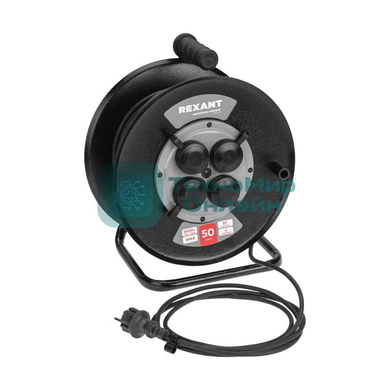 Удлинитель силовой Rexant КГ на катушке 4 гнезда с/з 50 м 3х1.5 кв.мм IP44 c защитными крышками метал. катушка