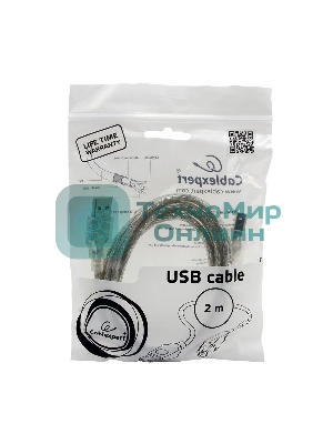 Кабель Cablexpert USB2.0 Pro, AM/BM, 2м, экран, 2 феррит.кольца, прозрачный (CCF-USB2-AMBM-TR-2M)