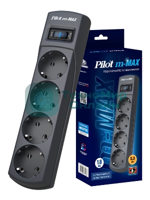 Сетевой фильтр ZIS (Pilot) m Max 4 розетки (евро с заземлением), 15А/3.3 кВа, автомат, 1.8 м, серый графит Surge protector Pilot m Max 4 euro outlets, 15А/3.3кВа, 1.8m