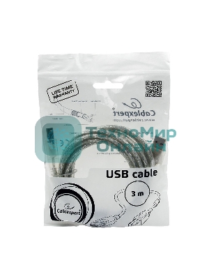 Кабель USB2.0 Pro Cablexpert CCF-USB2-AMBM-TR-10, AM/BM, 3м, экран, феррит.кольца, прозрачный, пакет