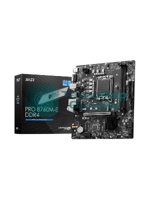 Материнская плата MSI PRO B760M-E DDR4, LGA 1700, Intel B760, 2xDDR4, 4xSATA, 1xM.2, 1xPCIe 4.0 x16, 1xPCIe 4.0 x1, 1xHDMI, 1xVGA, 1x1Gb LAN, 2xUSB-A 3.2 Gen 1, 4xUSB-A 2.0, 3x3.5 мм, 7.1, mATX