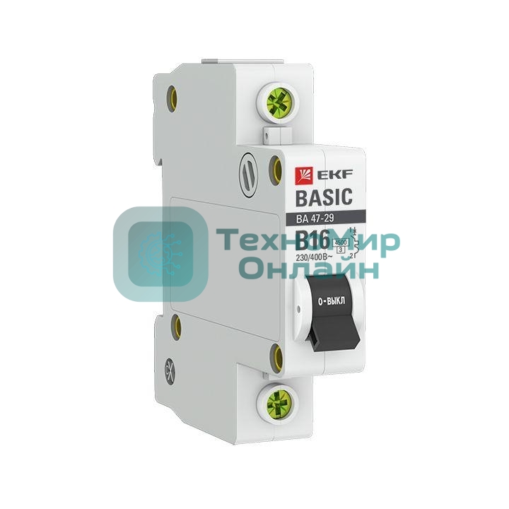Выключатель автоматический модульный 1п B 16А 4.5кА ВА 47-29 Basic EKF mcb4729-1-16-B
