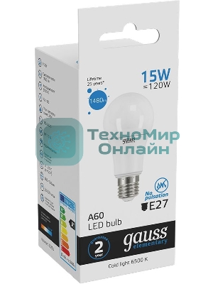Лампа светодиодная Gauss Elementary 15Вт цок.:E27 груша 220B 6500K св.свеч.бел.хол. A60 (упак.:10шт) (23235)