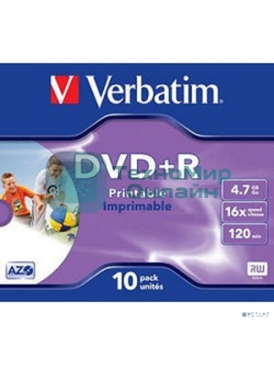 Диск DVD+R Verbatim 4.7Gb 16x Jewel case (10шт) Printable (43508)