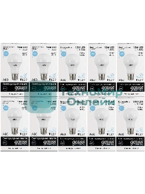 Лампа светодиодная Gauss Elementary 15Вт цок.:E27 груша 220B 6500K св.свеч.бел.хол. A60 (упак.:10шт) (23235)