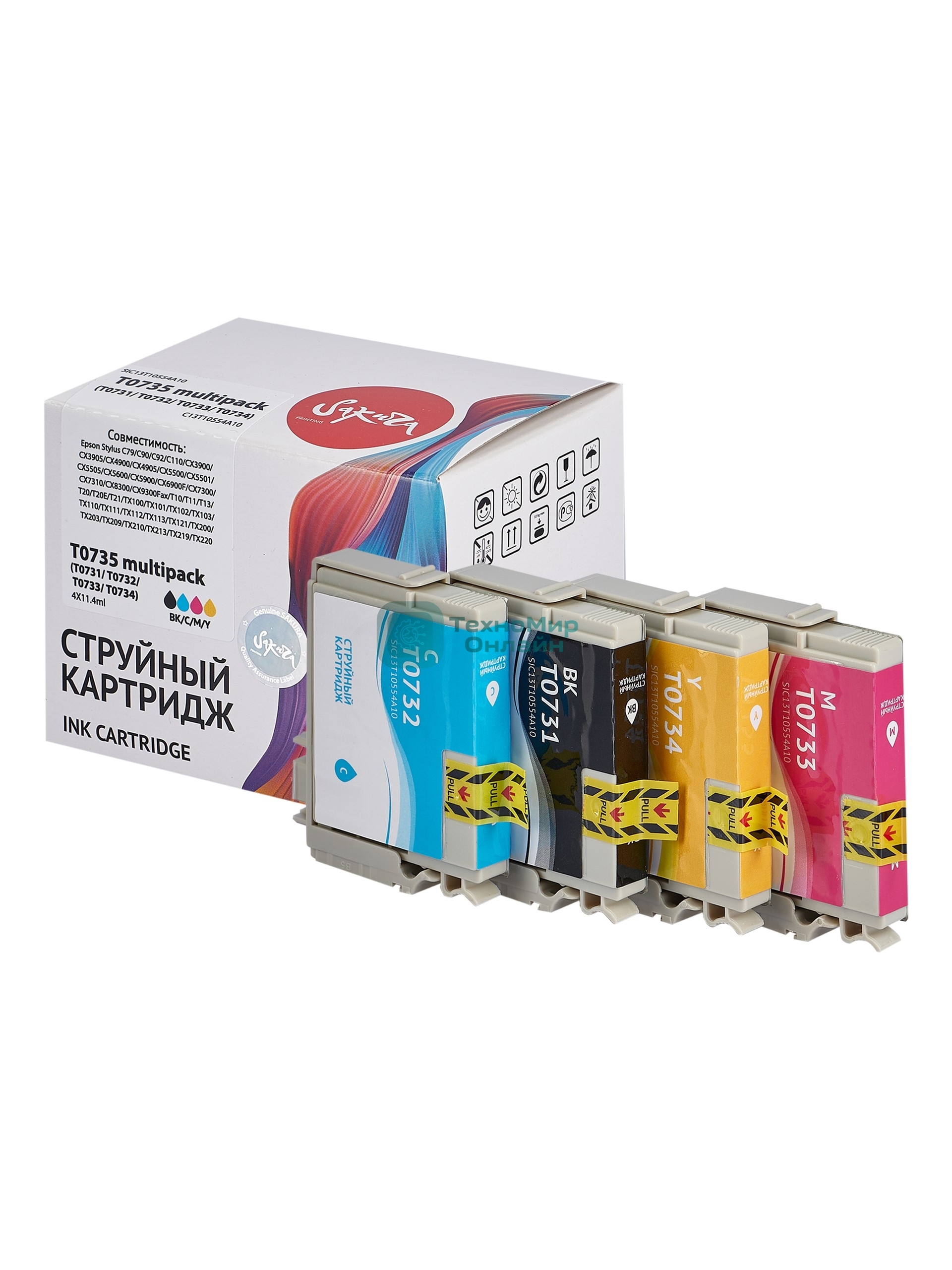 Набор струйных картриджей Sakura C13T10554A10 (T0735 BK/C/M/Y) для Epson, мультипак, 11,4 мл., 490 к.
