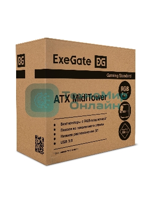 Компьютерный корпус Miditower ExeGate EVO-8225-EVO800 (ATX, БП EVO800RGb с вент. 12см, 2хUSB+1хUSB 3.0, черный, 2 вент. с RGb подсветкой и полоса на передней панели, боковая панель - закаленное стекло)