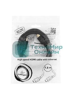 Кабель Cablexpert HDMI CC-HDMI4L-6, 19M/19M, v2.0, серия Light, позол.разъемы, экран, 1.8м, черный, пакет