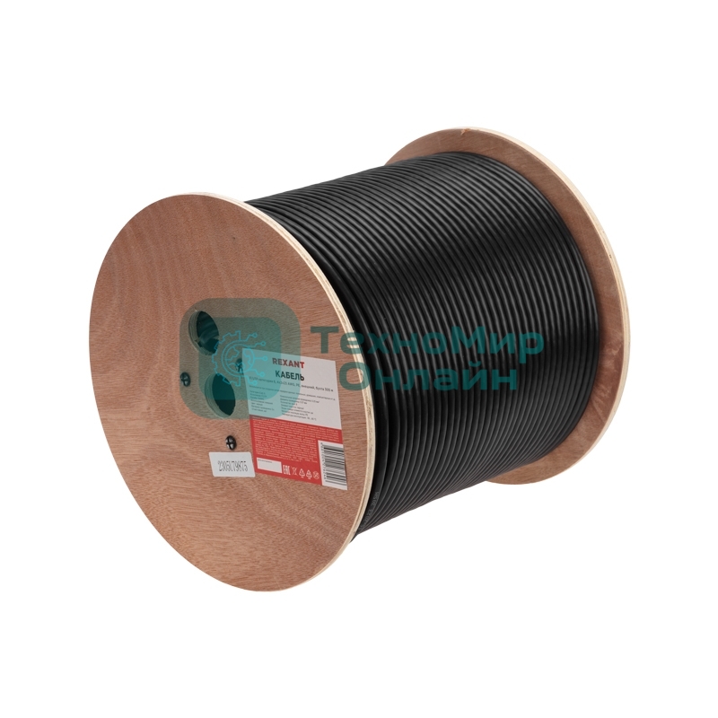 Кабель витая пара Rexant F/UTP, CAT 6, PE, 4PR, 23AWG, OUTDOOR, SOLID, черный, 305м