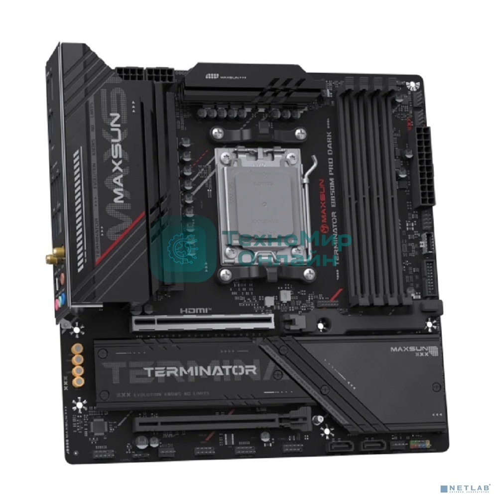 Материнская плата MAXSUN MS-Terminator B850M PRO DARK WIFI (Socket AM5, mATX, 4*DDR5(192Gb), DP/HDMI, 2*SATA3, 3*M.2, 1*PCIEx16/1*PCIEx4, 1* Type-C, 4*USB 2.0, 4*USB 3.2, LAN 1*2.5G, SPDIF, WiFi 6E, RTL)