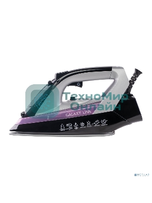 Утюг Galaxy Line GL 6128, фиолетовый с черным, паровой, 2200 Вт, постоянный пар 30 г/мин, паровой удар 140 г/мин, функции: самоочистка, антикапля, антинакипь, функция увлажнения, вертикальное отпаривание, защита от перегрева, индикатор нагрева, керамическое покрытие подошвы, резервуар для воды 170 мл