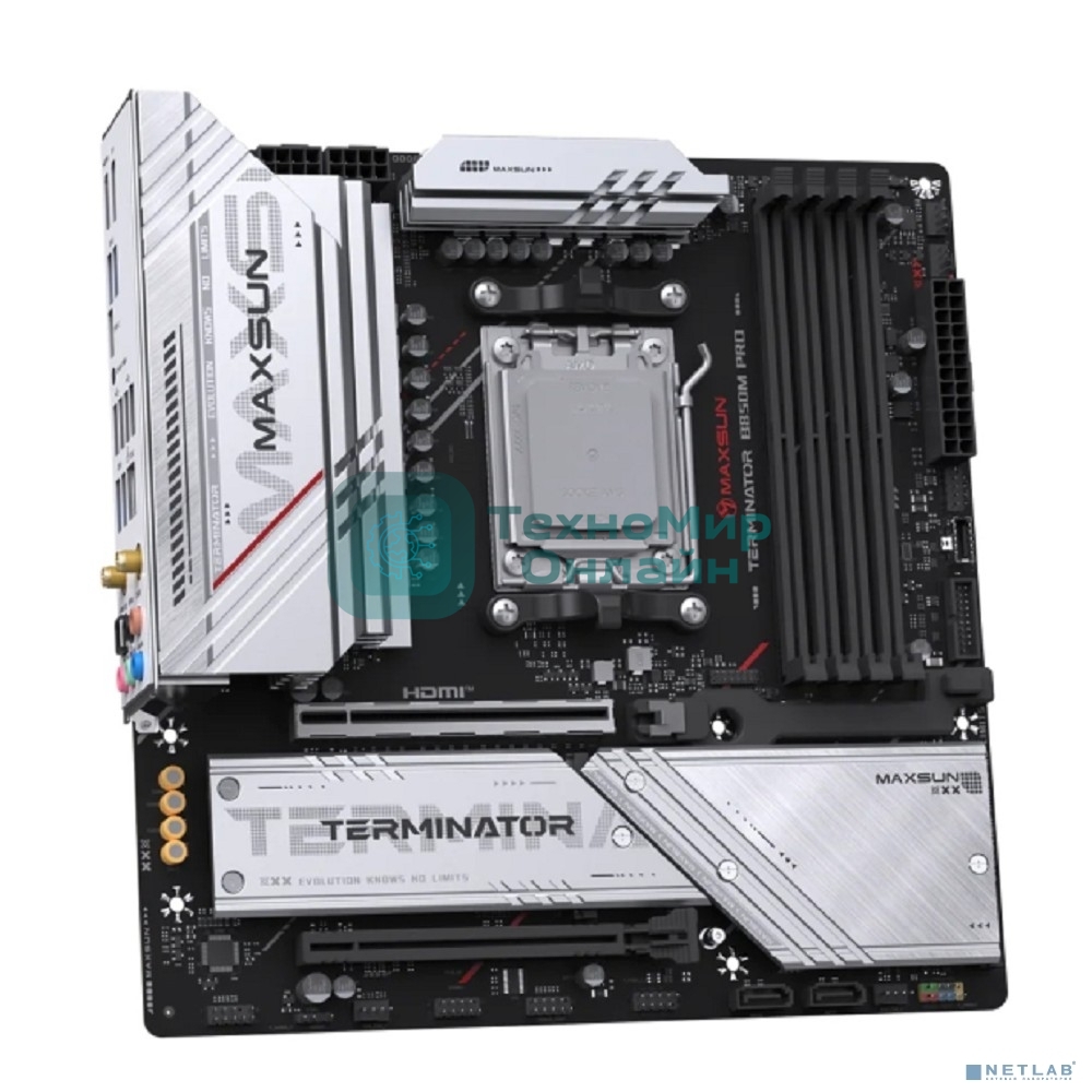 Материнская плата MAXSUN MS-Terminator B850M PRO WIFI (Socket AM5, mATX, 4*DDR5(192Gb), DP/HDMI, 2*SATA3, 3*M.2, 1*PCIEx16/1*PCIEx4, 1* Type-C, 4*USB 2.0, 4*USB 3.2, LAN 1*2.5G, SPDIF, WiFi 6E, RTL)