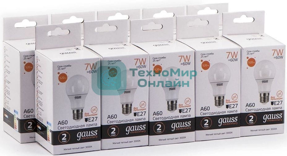Лампа светодиодная Gauss Elementary 7Вт цок.:E27 груша 220B 3000K св.свеч.бел.теп. A60 (упак.:10шт)